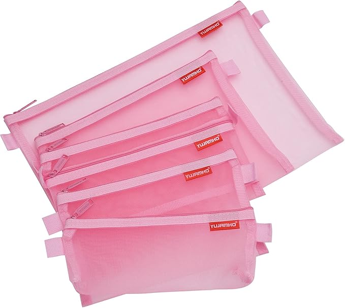 Pendancy Mesh Zipper Pouch 5pcs Lightweight Nylon File Folders Document Organizer Cosmetic Bags Accessories Storage for Travel and Office Supplies(Pink, A4 A5 A6)