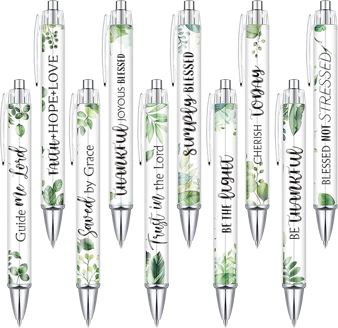 Tinlade 10 Pcs Christian Pens for Women Religious Ink Pens Easter Gifts Inspirational Quotes Bible Verse Ballpoint Funny Office Supplies for Women Men Coworker(Green Leaves)