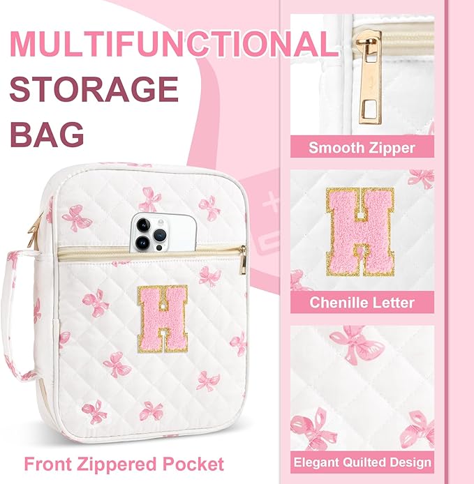 Personalized Initial Bible Cover Case for Women Girls Kid - Large Quilted Bible Case with Handle, Stylish Chenille Letter Bag Study Supplies, Perfect Christmas Gifts for Christians Women (Pink Bow-H)