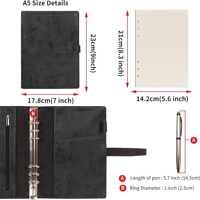 Wonderpool Leather Journal Refillable Binder A5 Writing Notebook Folder Organiser with Dotted Paper & Multi Pockets Cover for Business School Travel (A5, Black)
