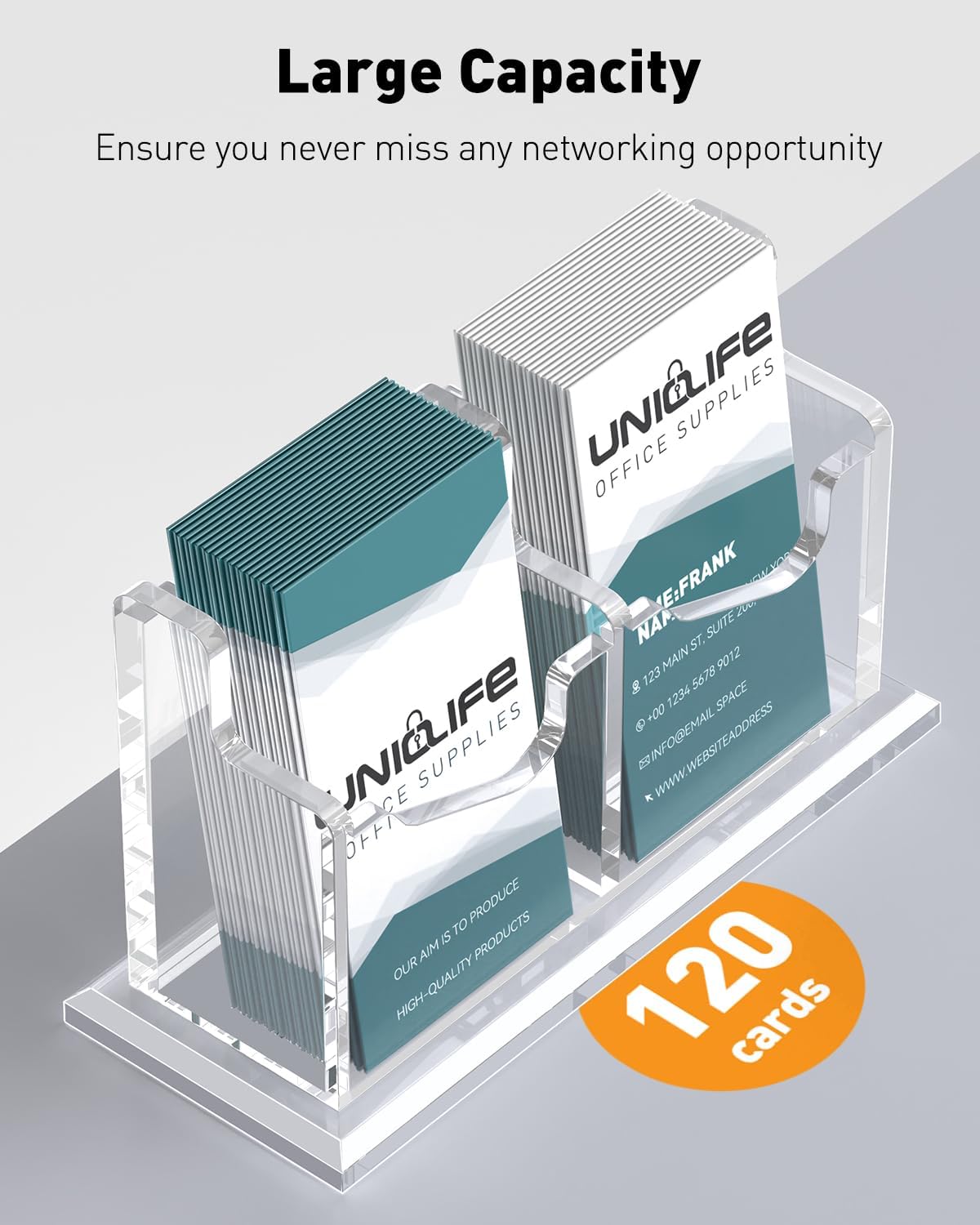 Uniclife Acrylic Business Card Holder for Desk 2 Slot Clear Vertical Business Card Display Stand for Men and Women Desktop Name Card Organizer Card Stand for Office Home Exhibition, 120 Card Capacity