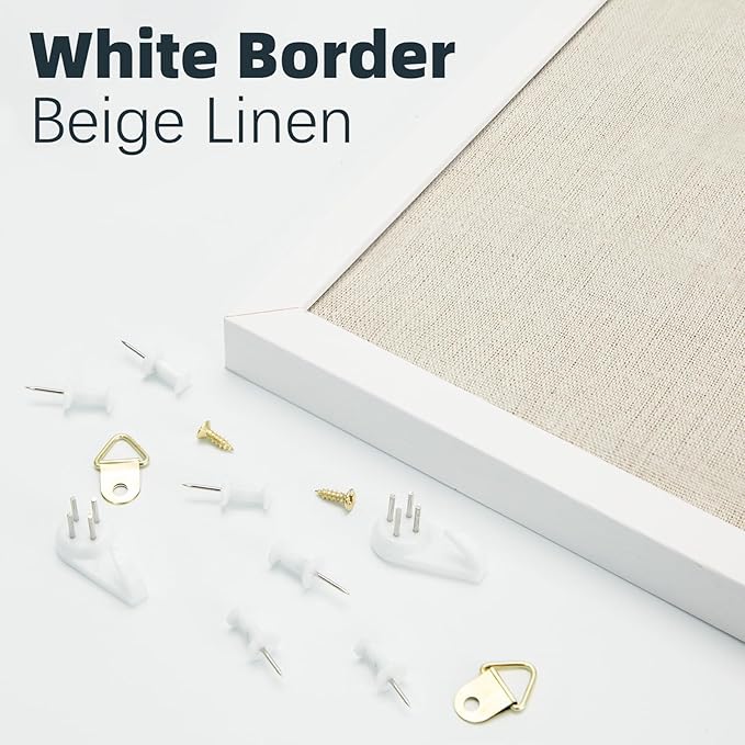 OWLKELA 17"x23" inch Linen Cork Board, White Frame, with 20 Pushpins, Bulletin Board with Linen, Ideal for School, Home & Office