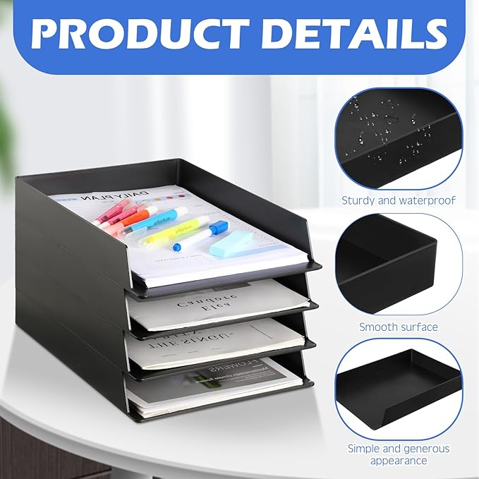 Wenqik 8 Pcs Stackable Paper Trays Rectangular Plastic Desk Tray Holder Desktop Document File Paper Organizer Plastic Storage Letter Tray for Office Classroom, Black