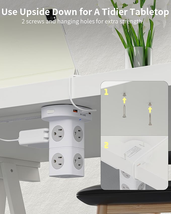 Power Strip Tower, 10 FT Extension Cord with 9 Outlets 3 USB (2 USB C), Surge Protector Tower, Multiple Outlets Power Strip Tower, Ideal for Dorms, Home Office, Travel, Hotels