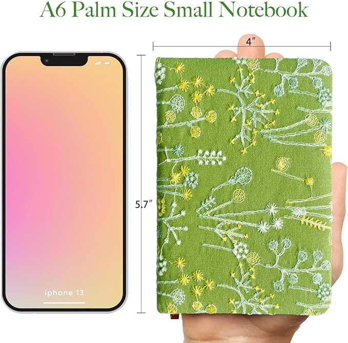 Pocket Notebook, A6 Journal, Small Embroidered Journal, Cute Fabric Notebook, Lay Flat Hardcover Journal, 4x6 Lined Notebook & Sketchbook, Personal Writing Journal for Women, Green Dandelion