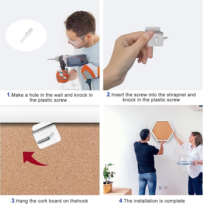 EVNEED 4 Pack Cork Bulletin Board Hexagon, Small Framed Corkboard Tiles for Wall, Thick Decorative Display Boards for Home School Office,School Message Board with 16 Push Pin Wood Clips,White