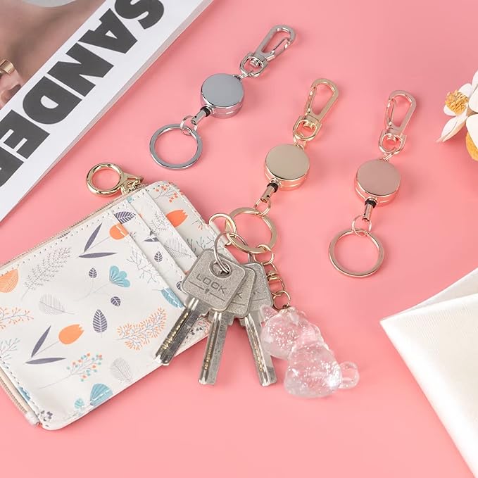 2 Pack Glittery Silver Retractable Badge Reel Keychain, Heavy Duty Retractable Badge Holder for ID Card and Keys