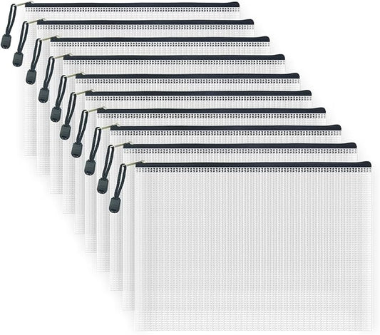 AUSTARK 10 Pcs Zipper File Bags, Waterproof Plastic Mesh Pouch for Office School, Board Game Storage Bags (B5 Size 11.4''x8.2'', White and Black)