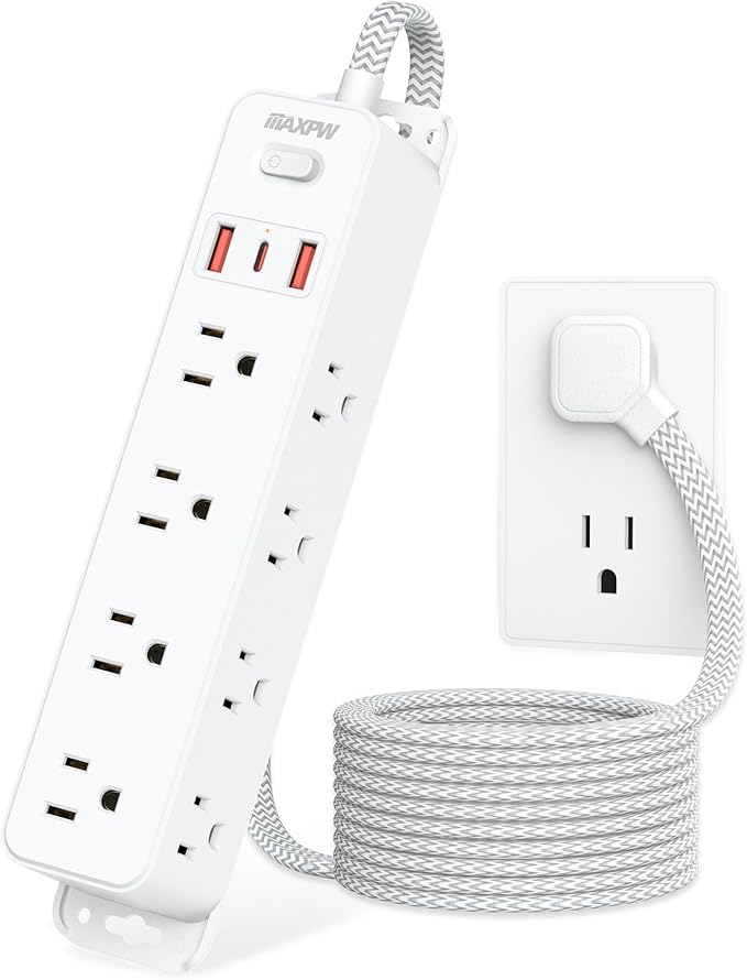 Surge Protector Power Strip with 12 Outlets and 3 USB Ports (1 USB C), 5 Ft Braided Flat Plug Extension Cord, Wall Mount Outlet Extender, 1700 Joules, Desk Charging Station for Home Office Dorm, White