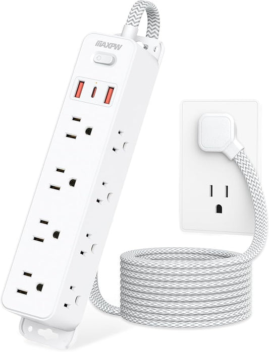 Surge Protector Power Strip with 12 Outlets and 3 USB Ports (1 USB C), 5 Ft Braided Flat Plug Extension Cord, Wall Mount Outlet Extender, 1700 Joules, Desk Charging Station for Home Office Dorm, White