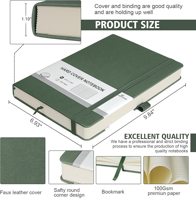 Lined Journal Notebook, 360 Numbered Pages(With page number), Thick Journal for Writing B5 College Ruled Notebook, 100gsm Lined Paper, Leather Hardcover, 9.8'' X 6.9''-Morandi Green