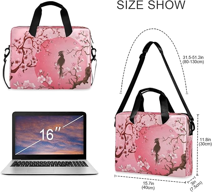 Japanese Cherry Blossom Sakura Tree With Bird Laptop Messenger Bag Case Sleeve Crossbody Briefcase for Men Women with Shoulder Strap Handle 13 14 15.6 inch