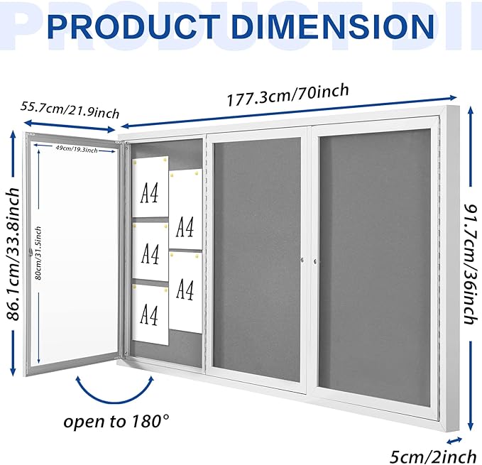 SWANCROWN Weather Resistant Enclosed Bulletin Board Gray Fabric Displays Boards Wall Mounted Notice Cabinet with Three Locking Doors, 70x36 inches