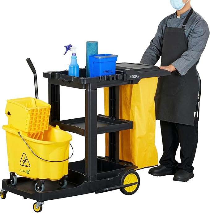Restaurantware-Clean Tek Professional Janitor Cart with Wheels, 1 Cleaning Trolley with Cover and 21 Gallon Bag - 3 Shelves, Heavy-Duty, Gray Plastic Commercial Janitorial Cart, for Restaurants