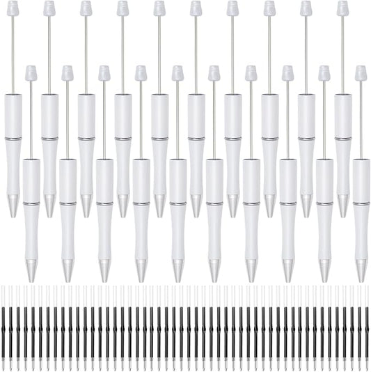 jiebor 20Pcs White Beadable Pens Plastic Bead Ballpoint Pens Bulk with 50Pcs Black Ink Cute Cool Diy Pens for Journaling Women Teacher Graduation Christmas Gift Office Supplies