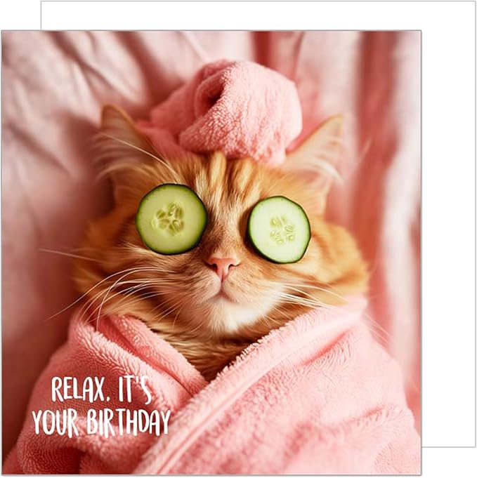 Premium Square Birthday Card with Envelope. Greeting Happy Birthday for Her Woman Mum Female Girl Friend Colleague Teenager Cool Cat Relax neutral (GQ150 SW024)