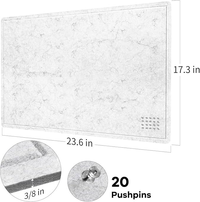 Bulletin Board, 24 x 18 inches Felt Board Decorative Pin Board, Cork Board Alternative for Wall, Foldable Photo Board Self-Adhesive Vision Board Mood Board with 20 Pushpins - Marble White