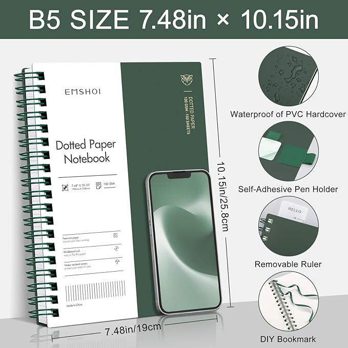 EMSHOI Spiral Notebook B5 Bullet Dotted Journal, Dotted Grid Notebook with 300 Pages, 100gsm Thick Paper, 7.48" × 10.15", Waterproof Softcover Notebook for School Work Writing - Dark Green