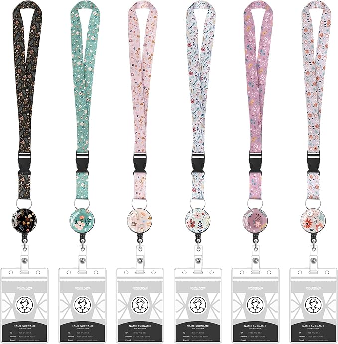 6 Pack Lanyards for Id Badges, Women Lanyards with ID Holder Detachable Cruise Lanyards with Waterproof ID Badge Holder Retractable Badge Reel (Floral Style)