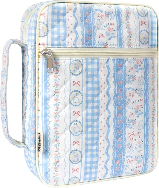 shirabags Quilted Bible Cover Case for Women - Elegant Cotton Bible Bag Bible Book Cover for Study, Church, Christian Gifts for Women(Blue Rabbit, M)