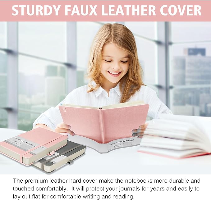 Lined Journal Notebook, 360 Numbered Pages(With page number), Thick Journal for Writing A5 College Ruled Notebook, 100gsm Lined Paper, Leather Hardcover, 5.75'' X 8.38''-Pink