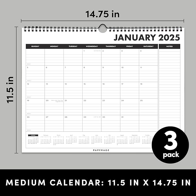 PAPERAGE Calendar 2025-12 Month, (Black), 3 Pack, Minimalist Wall and Desk Calendar with Monthly Views and Yearly Plans – Medium (11.5 in x 14.75 in)