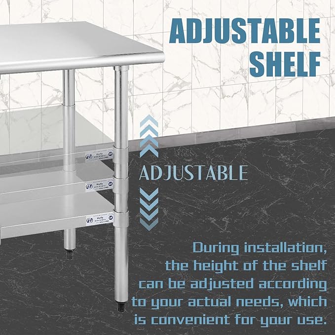 Hally Stainless Steel Table for Prep & Work 14 x 60 Inches, NSF Commercial Heavy Duty Table with Undershelf and Galvanized Legs for Restaurant, Home and Hotel