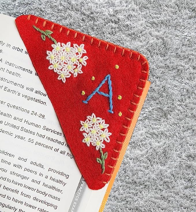 Personalized Hand Embroidered Corner Bookmark, Bookmarks for Women, Personalized Bookmark for Books, Cute Flower Book Mark, Hand Stitch Gift for Women for Book Lovers by HNQCPCVU (A, RED)
