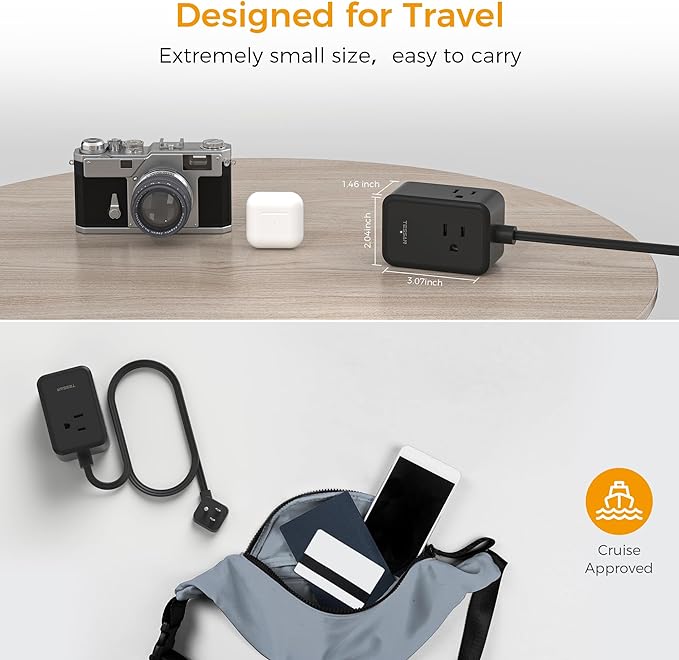 Flat Black Extension Cord, TESSAN Ultra Thin Power Strip with 3 USB Wall Charger (1 USB C), 3 Outlets Small Charging Station, 5 ft Slim Plug for Cruise Travel Office School Dorm Room Essentials