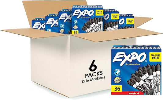 EXPO Low Odor Dry Erase Markers, Fine Tip, Black, (Pack of 6, 216 Count Total)