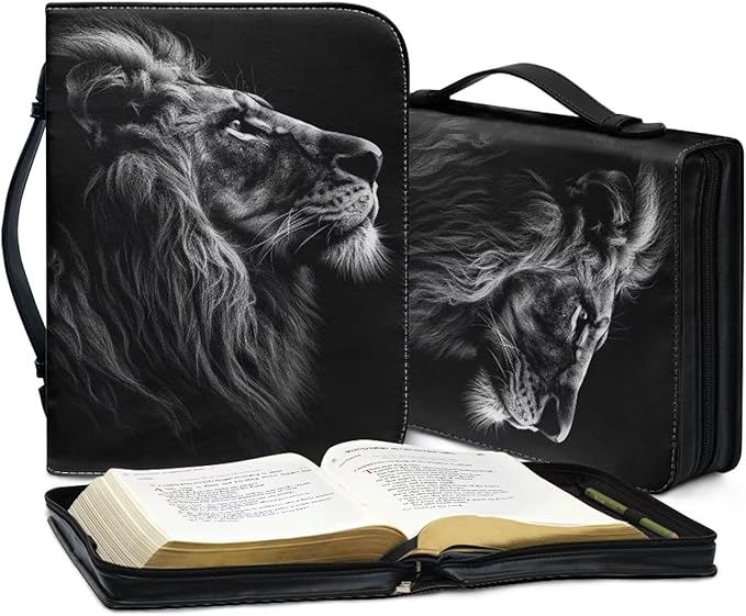 Lotusorchid Lion Print Faux Leather Bible Covers for Men, Portable Zippered Bible Carrying Case Bible Tote Bag for Women Girls, Christian Bible Study Accessories, Black, L