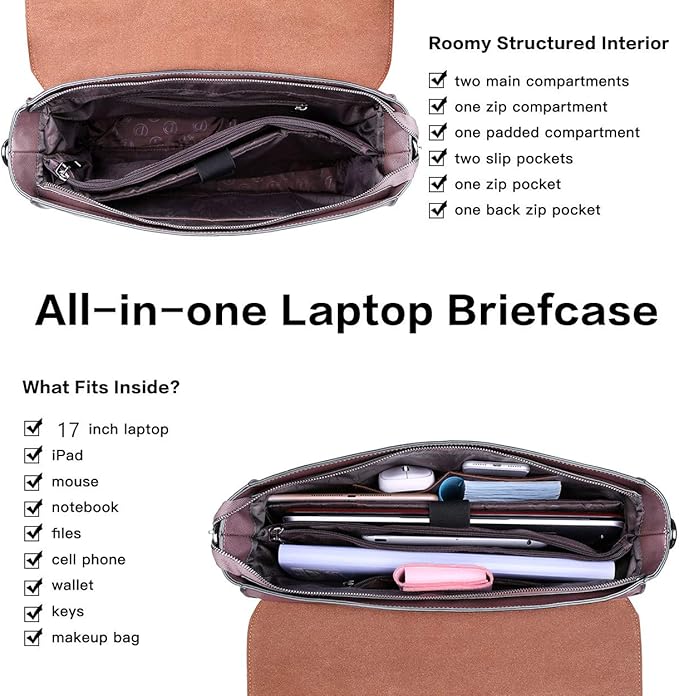 EaseGave Women's 17 Inch Laptop Briefcase, Vintage Purple Saffiano Eco-leather, Multi-Compartment, 3 lb Weight Capacity