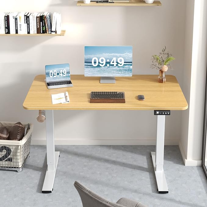Furmax Electric Height Adjustable Standing Desk Large 48 x 24 Inches Sit Stand up Desk Home Office Computer Desk Memory Preset with T-Shaped Metal Bracket, Wood