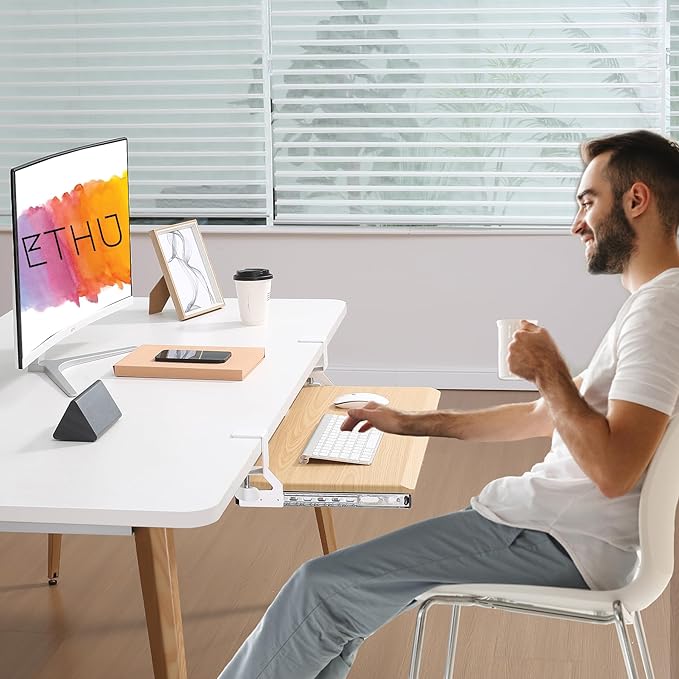 ETHU Keyboard Tray Under Desk, 26.8" x 12.2" Pull Out Steel Smooth Glide Sliding Keyboard Drawer, C Clamp Computer Keyboard Stand Ergonomic Desk Extender Tray for Home Office(Oak)