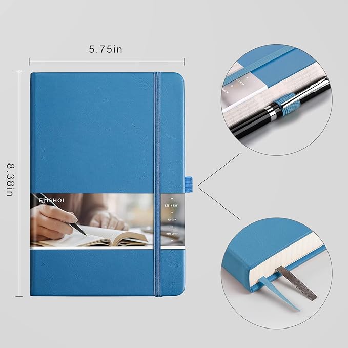 EMSHOI Graph Paper Notebook - 256 Pages A5 Graph Notebook/Journal, Hard Cover, 120gsm Thick Paper, Smooth PU Leather, Inner Pocket, 5.75" x 8.38"-LightBlue