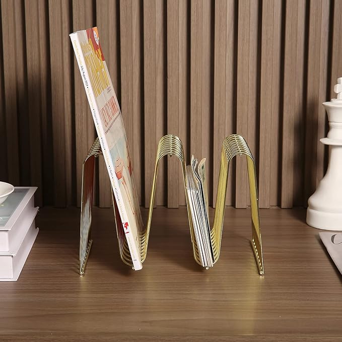 MyGift Metal Gold Folder Organizer for Desk, Magazine Holder 9 Sections, Decorative Vinyl Record Holder, Office File Organizer Rack