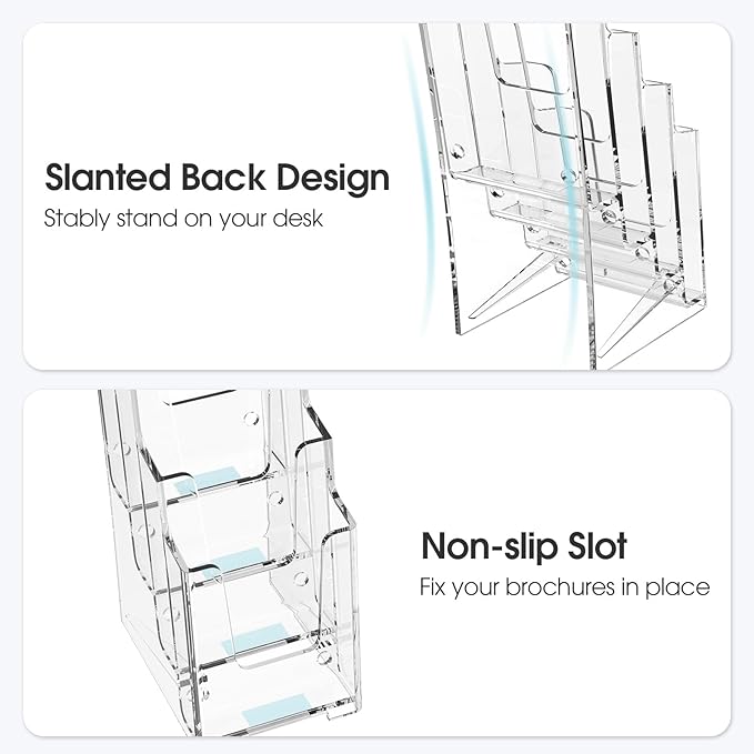 MaxGear Acrylic Brochure Holder, 4-Inch Wide 4 Tier Clear Literature Holder Premium Acrylic Pamphlet Holder Multi Pocket Brochure Display Stand, Wall Mount or Counter Top Use(3 Pack)