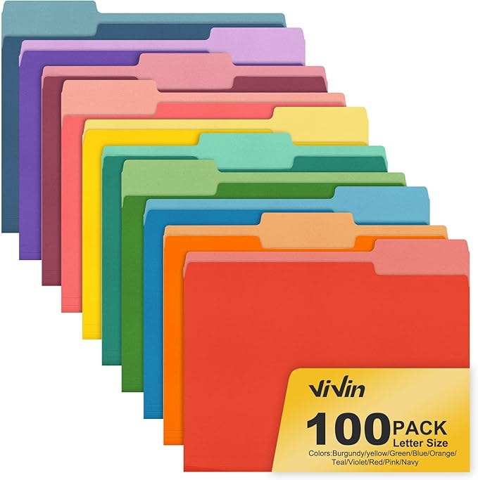 ViVin File Folder, 100 Pack Colored File Folders with 1/3-Cut Tabs, Fits 8.5 * 11 Letter Size Paper, Manilla Folders for Home Office School Documents(Multicolored)