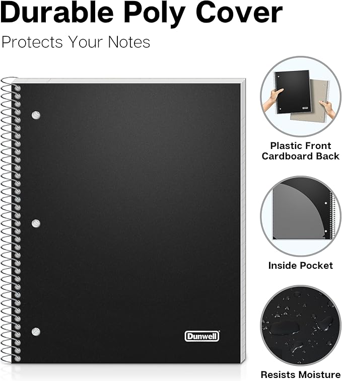 Dunwell 3-Subject Notebook College Ruled (Black), Spiral Notebook 8.5 x 11, Plastic Cover, 3 Pocket Dividers, 150 Sheets (300 Pages), 3-Hole Punched Perforated 8 1/2 x 11 Paper