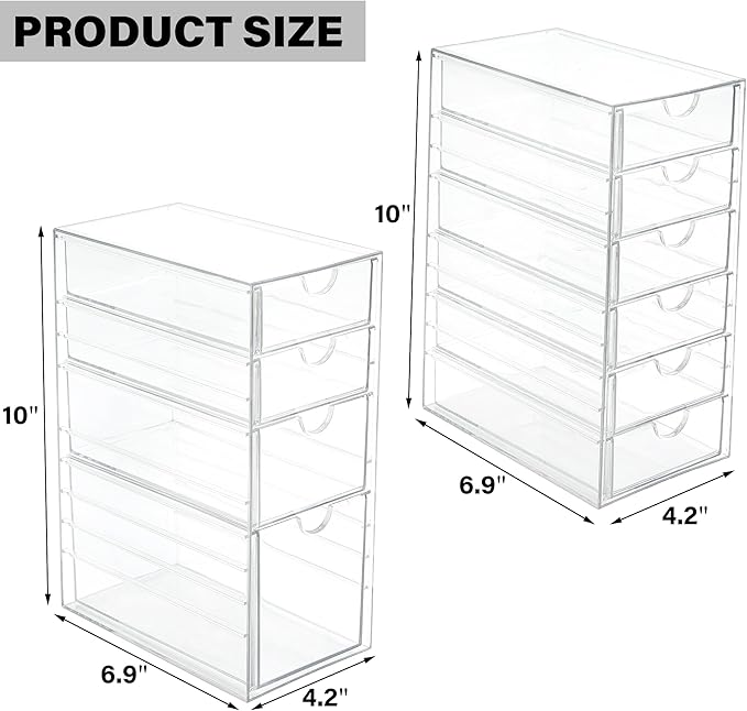 Prsildan Acrylic Drawer Makeup Organizer with 10 Drawers, Set of 2 Office Desk Organizers Accessories, Clear Stackable Storage Drawers for Vanity, Countertop, Craft, Jewelry, Art Supply Organization