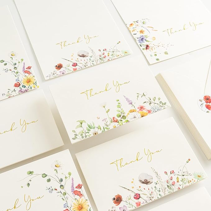 Crisky Thank You Cards 4 Assortment, Gold Foil Watercolor WildFlowers (50 Cards with Envelopes for Birthday, Baby Shower, Bridal Shower, Wedding, All Occasion)