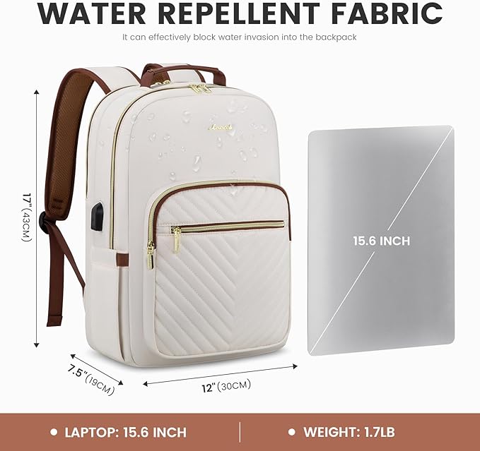 LOVEVOOK Laptop Backpack for Women 15.6 inch,Cute Womens Travel Backpack Purse,Professional Laptop Computer Bag,Waterproof Work Business College Teacher Bag Carry on Backpack with USB Port,White Brown