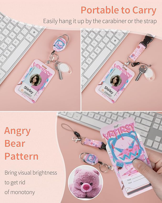 Uniclife Fashionable Sliding Badge Holder Angry Bear Plastic Case with Retractable Badge Reel Carabiner Clip & Detachable Lanyard Strap Embossed Vertical Card Protector for Women Nurse Teacher Student