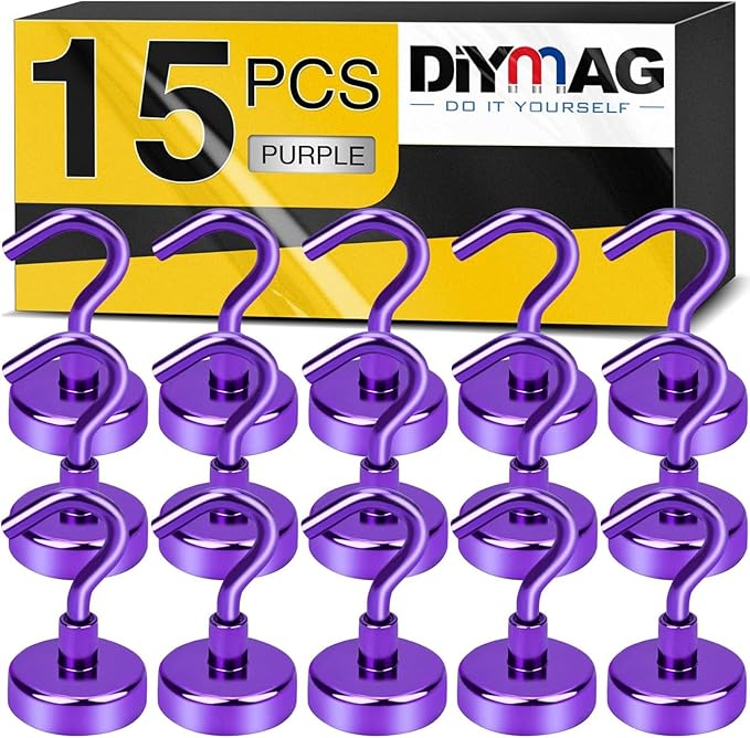 DIYMAG Magnetic Hooks, 30Lbs Strong Heavy Duty Cruise Magnet S-Hooks for Classroom, Fridge, Hanging, Cabins, Grill, Kitchen, Garage, Workplace and Office etc, (15 Pack-Purple)