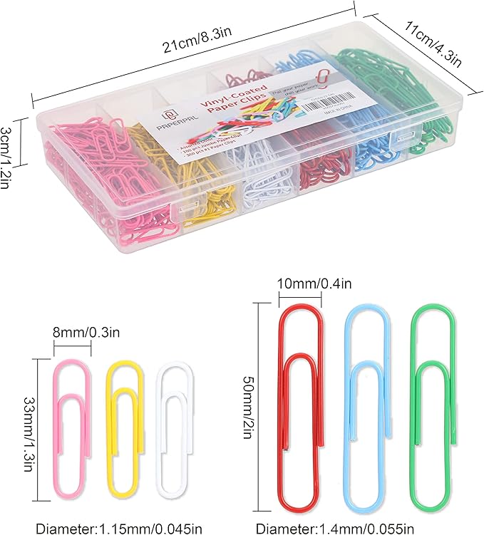 PAPERPAL Colorful Vinyl Coated Paper Clips, 540 Paperclips Per Box Jumbo & #1 Sizes Assorted Color, Office School & Personal Use, Daily DIY, Large & Medium Size (2" & 1-2/7") Paper Clip, Rainbow Pack