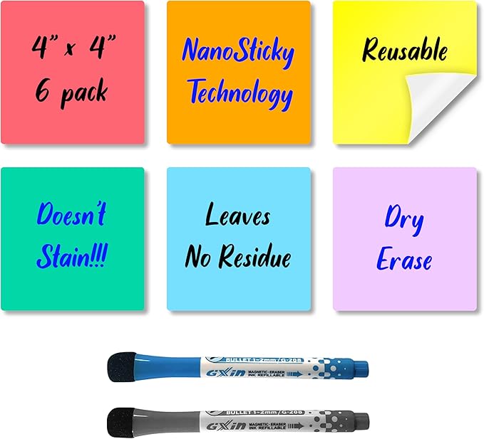 Reusable Dry Erase Sticky Notes - 6 Pack of 4″x4″ Whiteboard Stickers for Lists, Labels, Reminders & Decals - Adheres to Most Surfaces