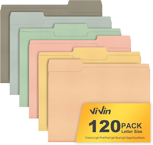ViVin File Folders, Fits 8.5 x 11 Letter Size Paper, 1/3-Cut Tabs, 120 Pack Manilla Colored File Folders, Perfect for Home, Office, and School Documents File Paper(Assorted)