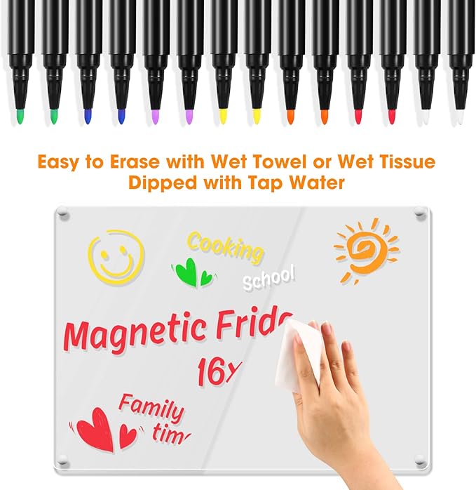 Liquid Chalk Markers for Acrylic Fridge Calendar Planning Board Clear Glass Dry Erase Board Refrigerator Whiteboard for Window/Mirror, 14 Pack, 7 Vibrant Colors, 1mm Fine Points, Easy Wet Erase