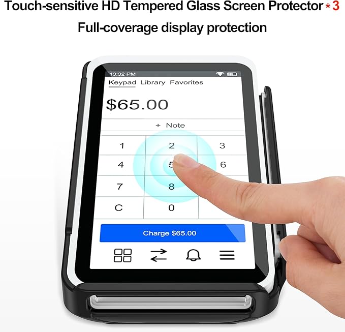 Kailfee Protective Case and Screen Protector*2 for Square Terminal Card Reader - Rubberized Hard Casing with Non-Slip Base and Tempered Glass (Black)