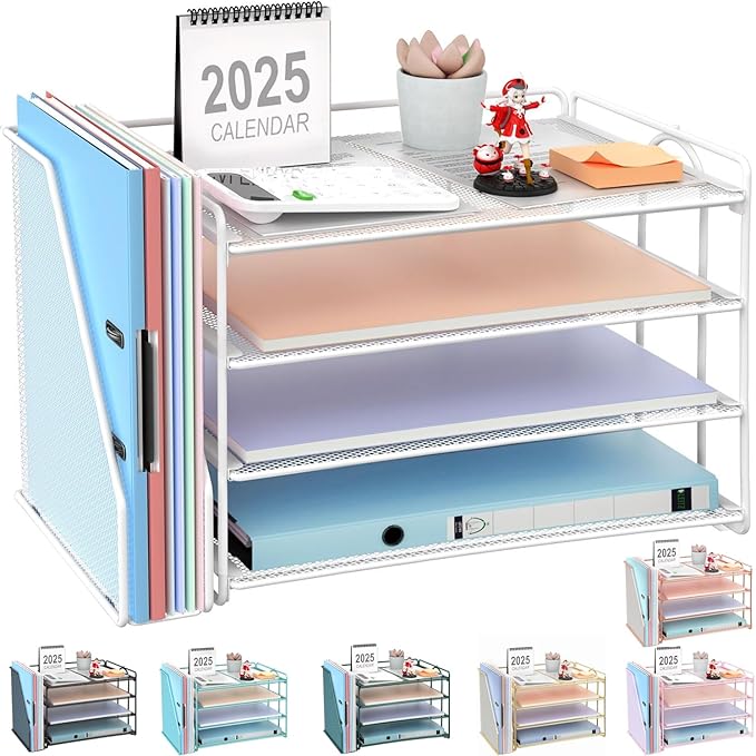 gianotter 2025 New Large Capacity Desk Organizer with Detachable Magazine Holder, 4-Tier Paper Organizer Letter Tray, Desk Accessories for A4 Paper and Document Storage(White)